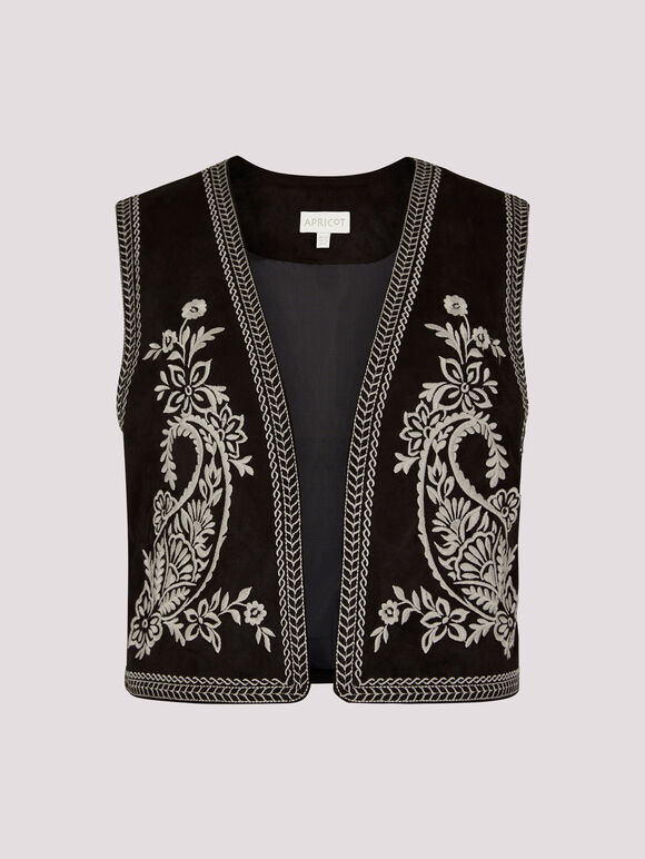 Embroidered Suedette Waistcoat, Black, large