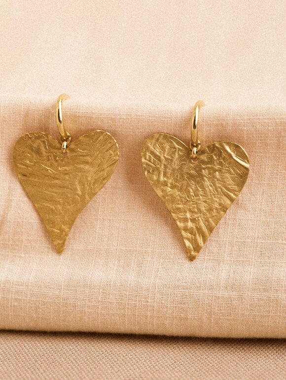 Gold Tone Hammered Heart Earrings, Gold, large