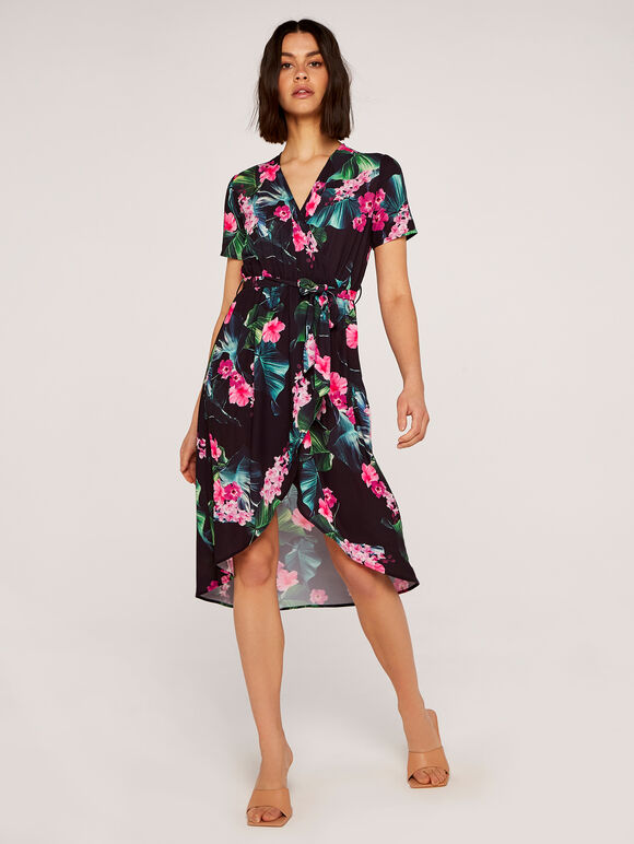 Tropical Wrap Dress, Black, large