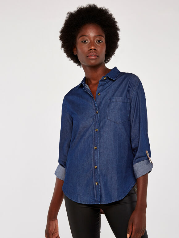 Denim Plaid Mix Shirt, Navy, large