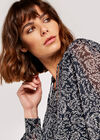 Folk Leaf Tie Neck Cuff Sleeve Top, Navy, large