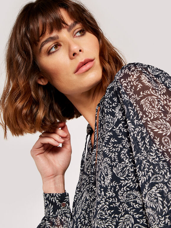 Folk Leaf Tie Neck Cuff Sleeve Top, Navy, large