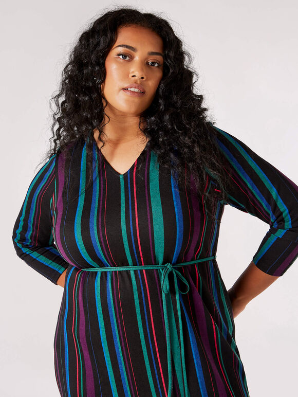 Curve Stripe Knitted Midi Dress, Black, large