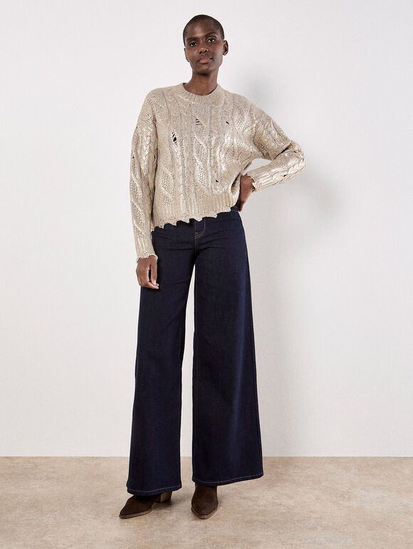 Distressed Gold Foil Metallic Cable Jumper, Gold, large