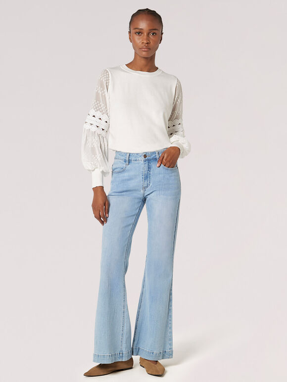Contrast Chiffon Sleeves Jumper, Cream, large
