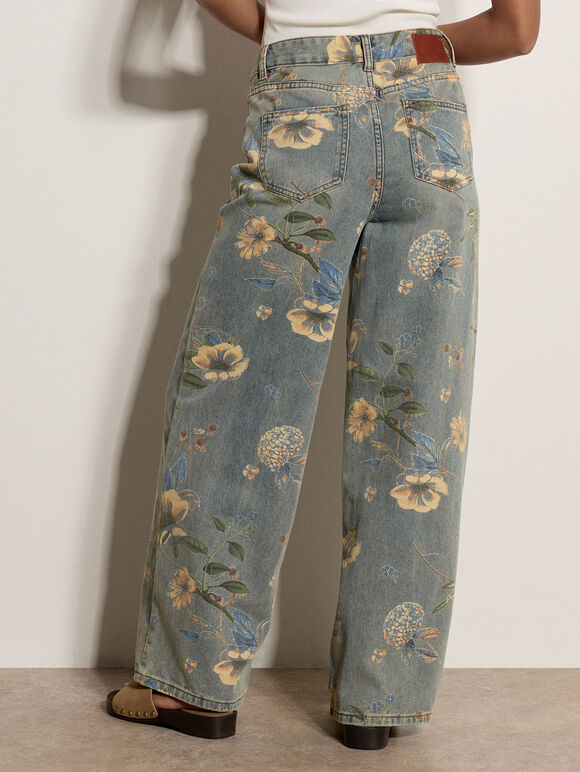 Floral Print Ankle-Length Jeans, Blue, large