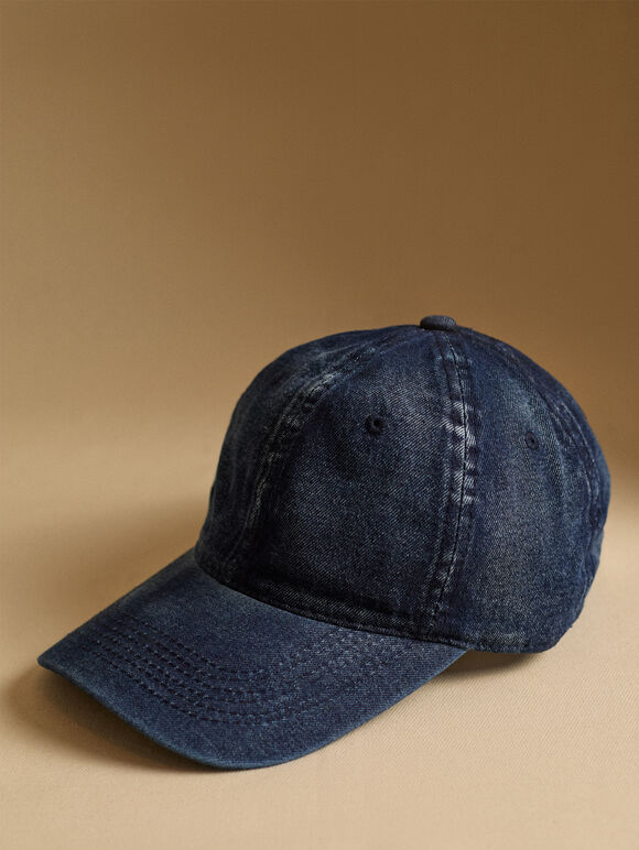 Stone Washed Denim Cap, Blue, large