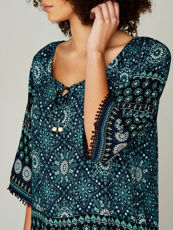 Tribal Print Tunic Dress, Navy, large