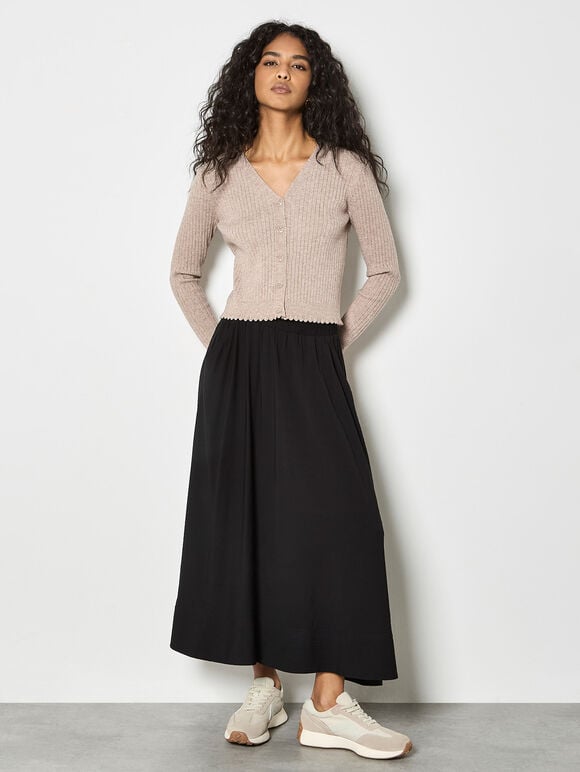 Ribbed Knit Scalloped Cardigan, Stone, large