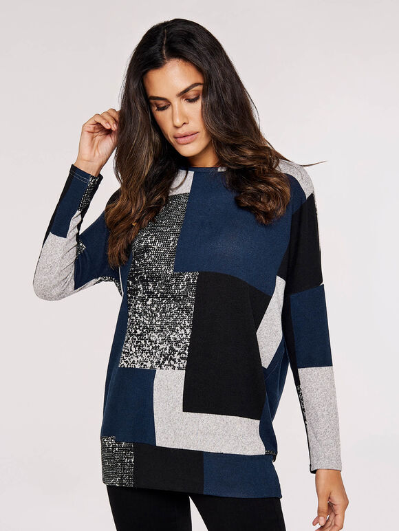 Colourblock Oversized Top, Navy, large