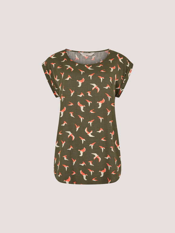 Bird Print Graphic Woven T-Shirt, Khaki, large