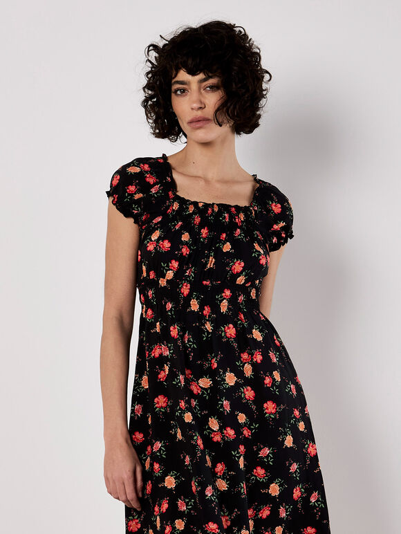 Vintage Rose Milkmaid Midi Dress, Black, large