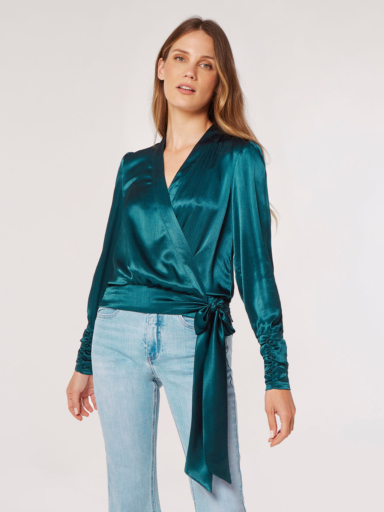 Blue satin wrap top discount