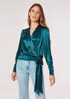 Textured Satin Wrap Top, Teal, large