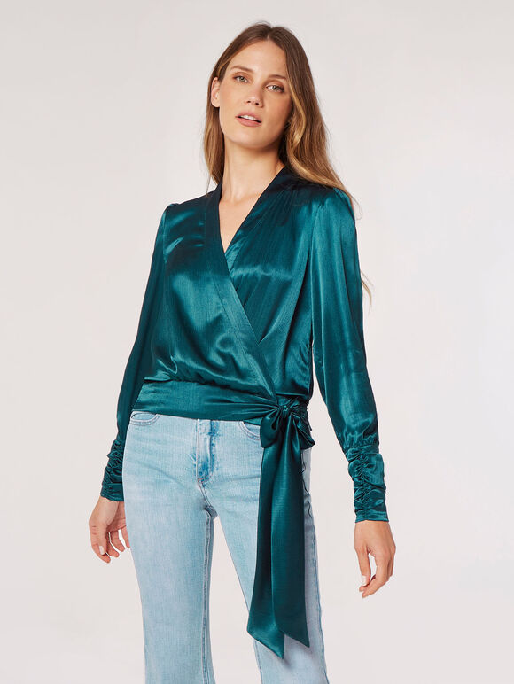 Textured Satin Wrap Top, Teal, large
