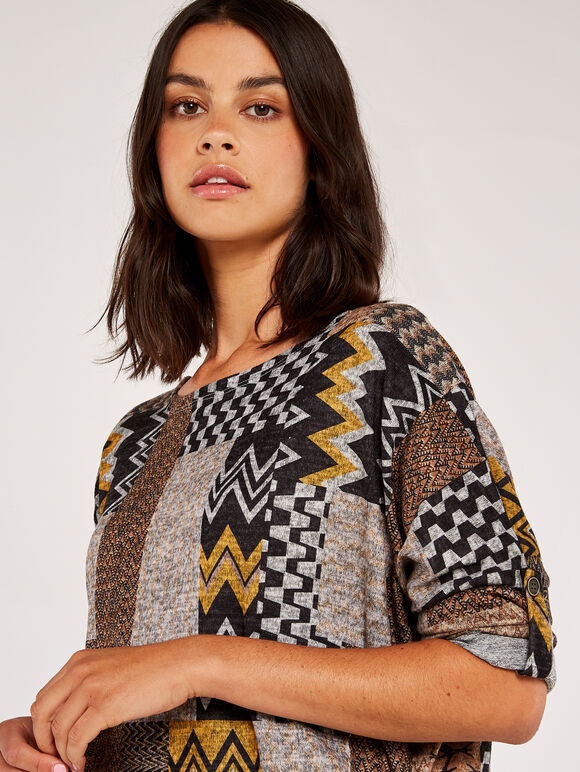 Chevron Patchwork Batwing Top, Mustard, large