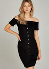 Button Down Ribbed Bardot Dress, Black, large