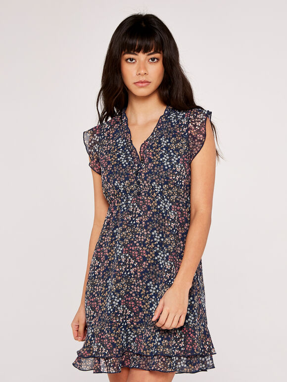 Ditsy Floral Frill Chiffon Dress, Navy, large
