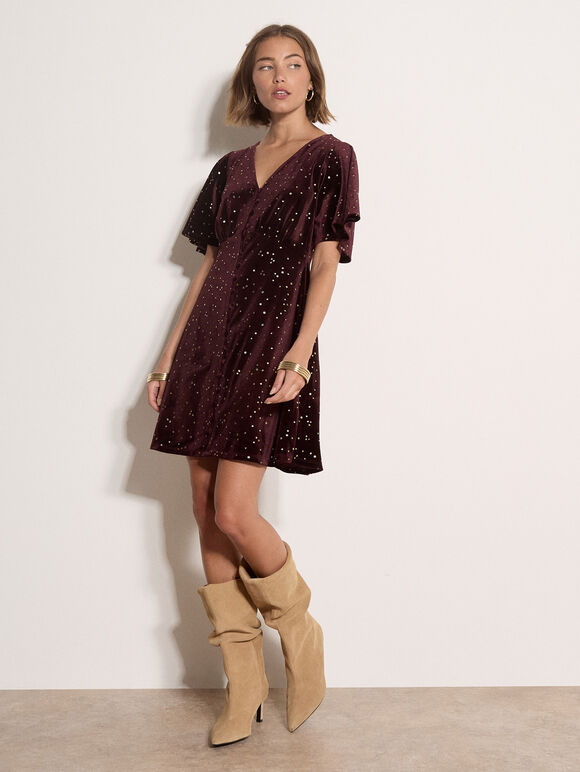 Silver Foil Star Velvet Mini Dress, Burgundy, large