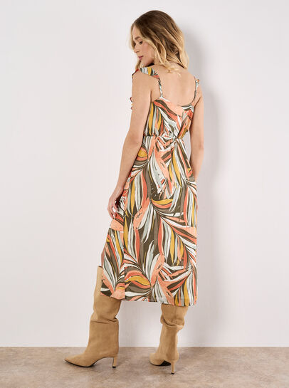 Palm Print Ruffle Midi Dress