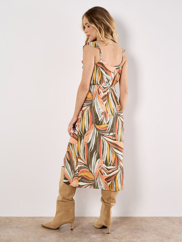 Palm Print Ruffle Midi Dress, Khaki, large