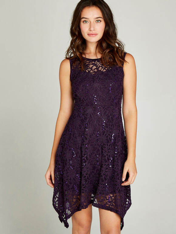 Sequin Lace Hanky Hem Skater Dress, Purple, large