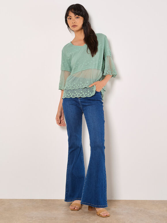 Embroidered Cotton Mesh Blouse, Mint, large