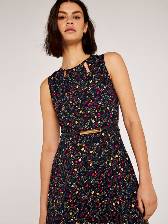 Ditsy Midi Cut Out Nk Belted Dress, Navy, large