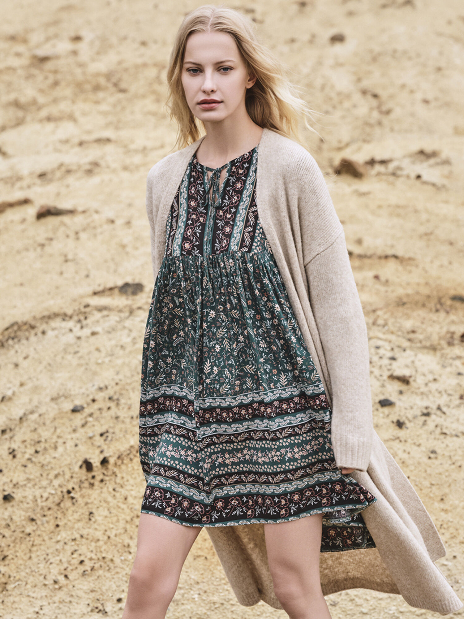 Folk Border Print Mini Dress Apricot Clothing