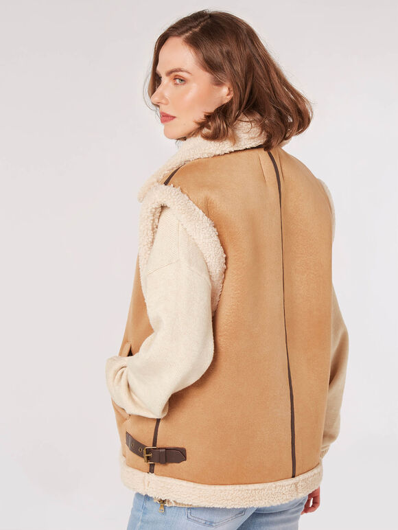 Borg-Lined Suede Aviator Gilet, Stone, large