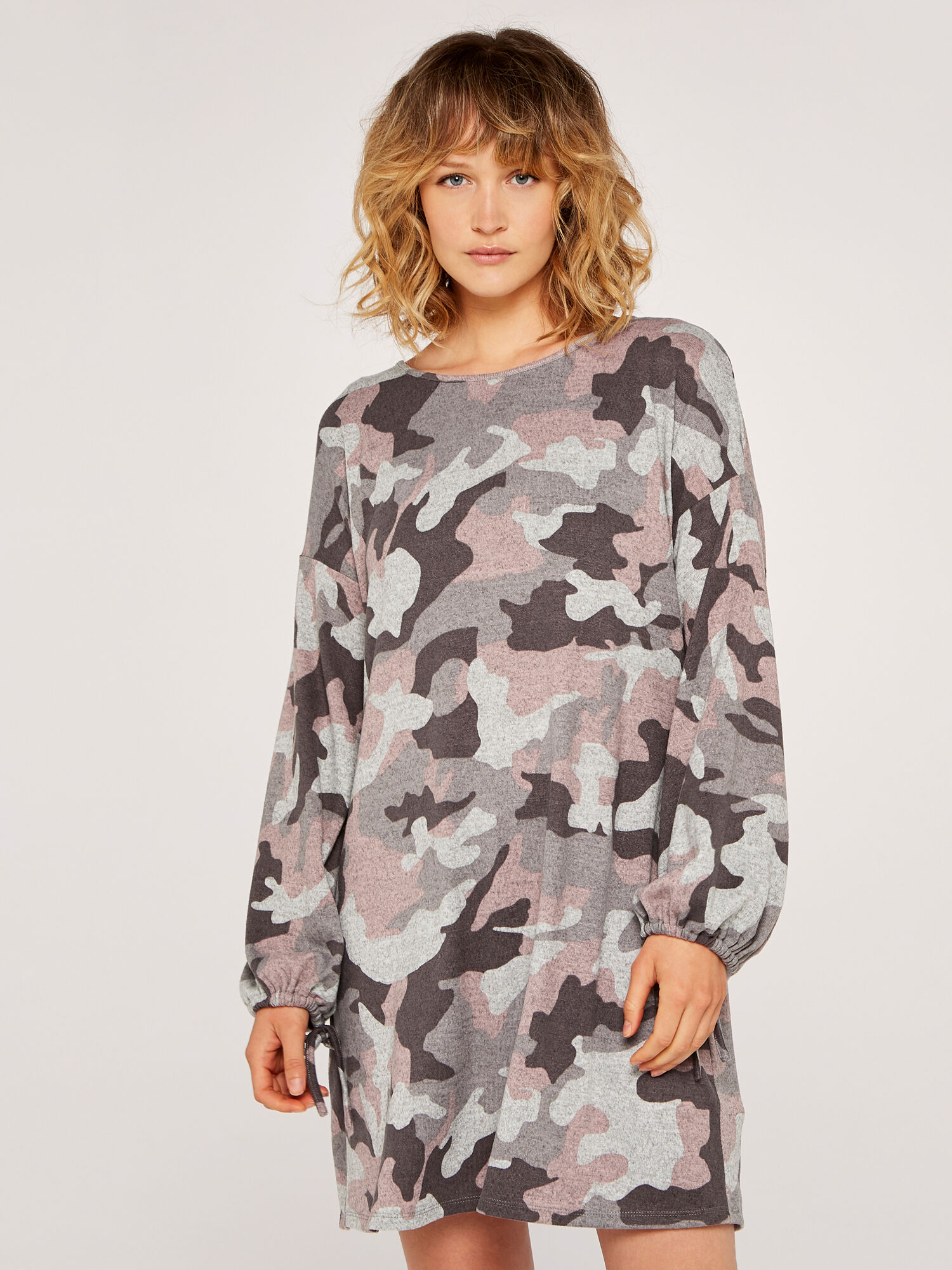 Camo Drawstring Swing Dress Apricot Clothing