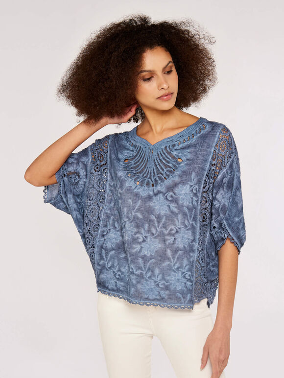 Embroidered Mesh Top, Navy, large