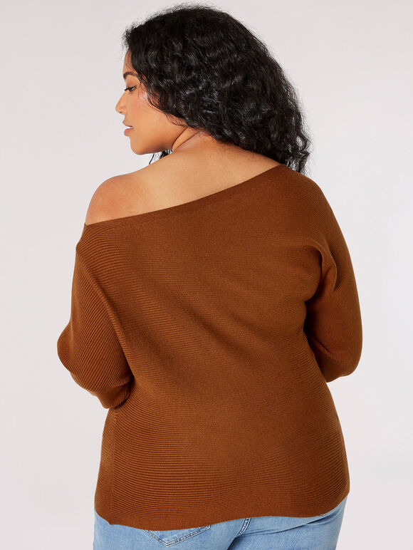 Curve Off Shoulder Ribbed Jumper, Rust, large