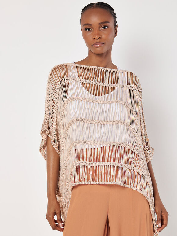 Open Knit Cotton Blend Poncho, Stone, large