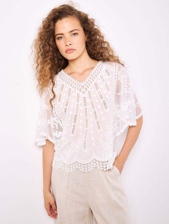 Embroidered Cotton Mesh Top, White, large