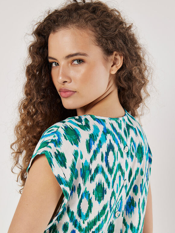Ikat Button Back Woven T-Shirt, Green, large