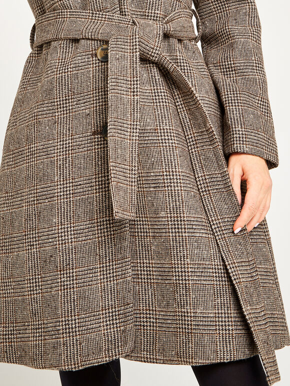 Brown Check Wool Blend Coat, Brown, large