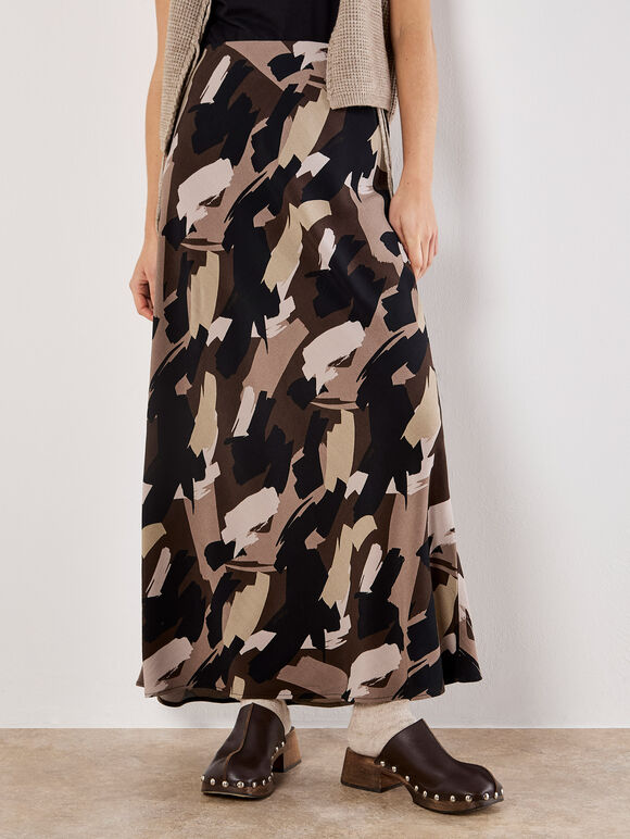 Brushstroke Bias Maxi Skirt, Brown, large