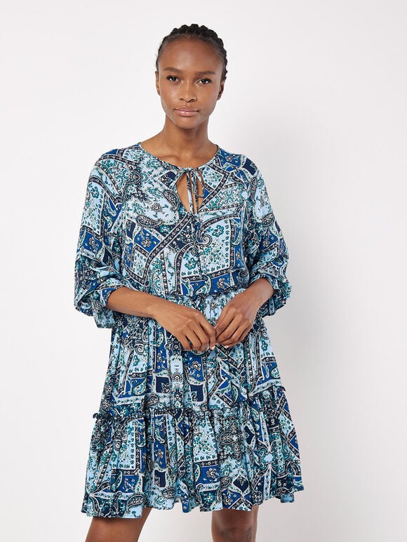 Scarf Print Tiered Mini Dress, Blue, large