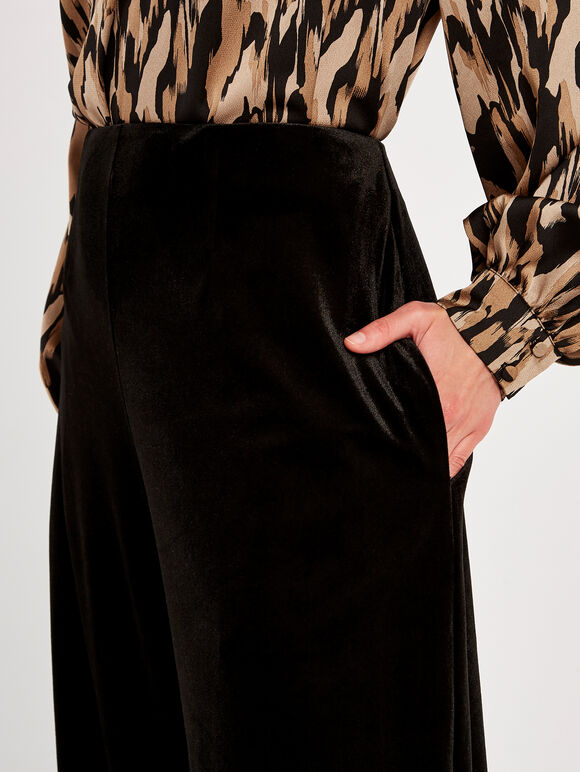 Wide Leg Velvet Trousers, Black, large