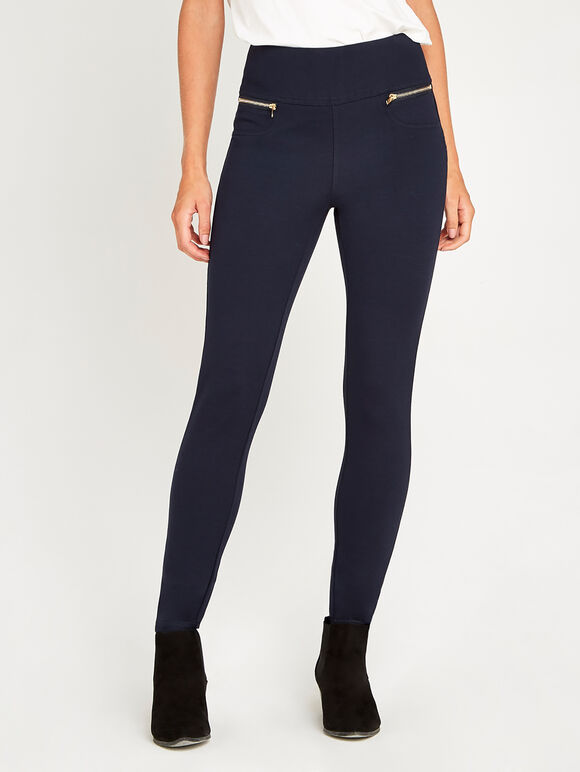 Zip Detail Ponte Trousers, Navy, large