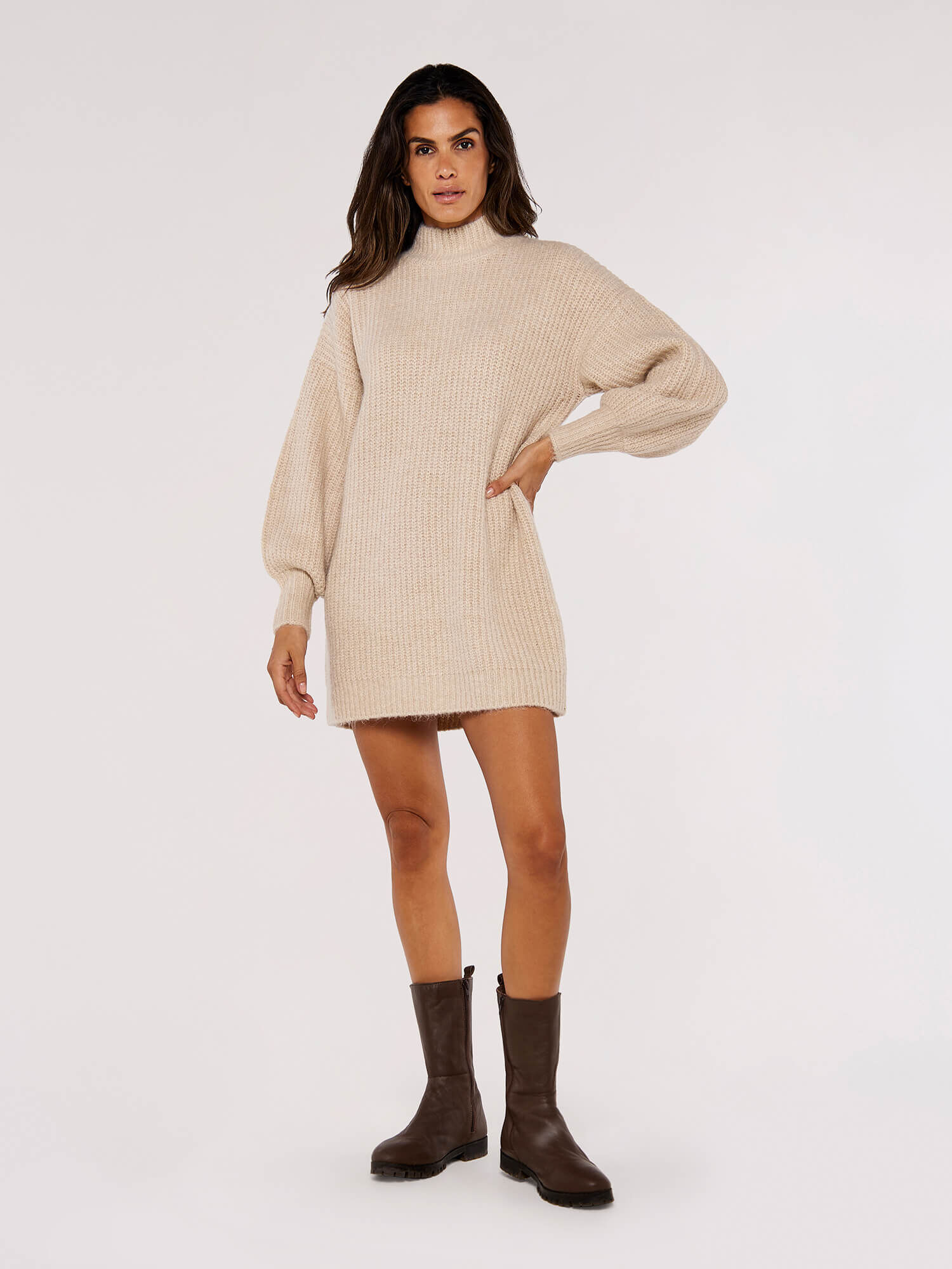Ribbed Knit Jumper Mini Dress Apricot Clothing