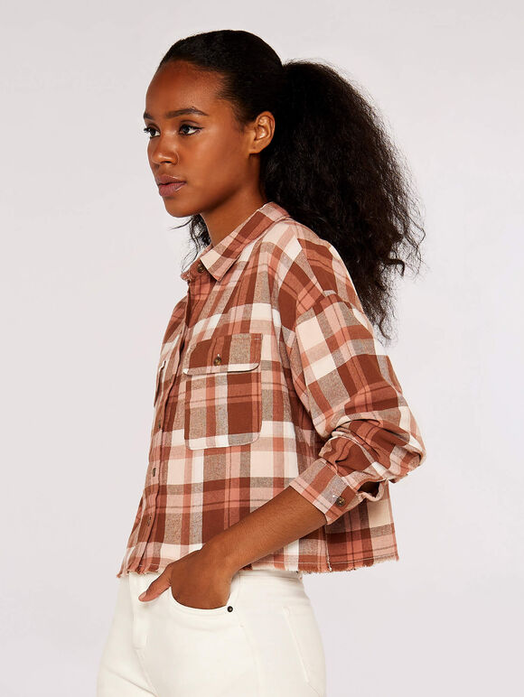 Crop Check Shirt, Brown, large