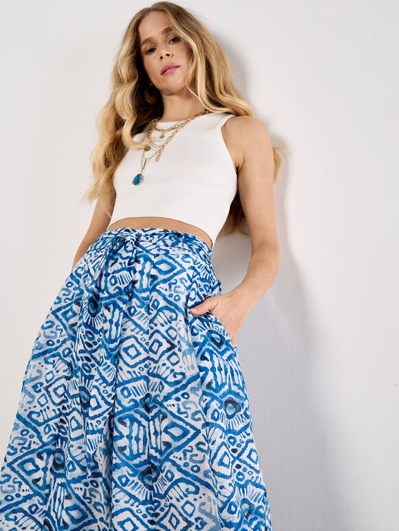 Lightweight Ikat Palazzo Trousers, Blue, large