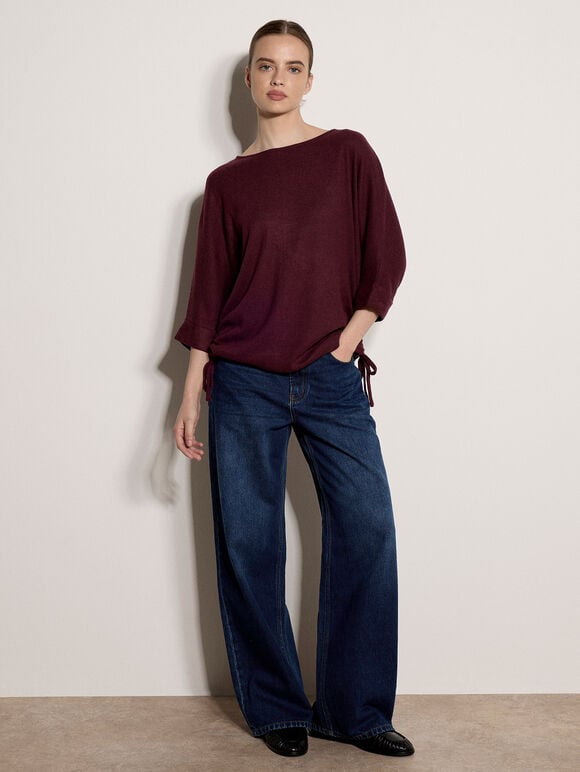 Soft Touch Drawstring Batwing Top, Burgundy, large