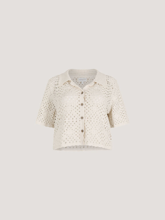 Floral Cotton Crochet Cardigan, Stone, large