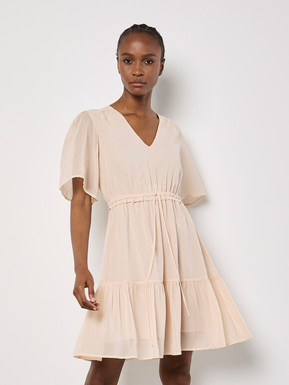 Polka Dot Chiffon Mini Dress, Peach, large