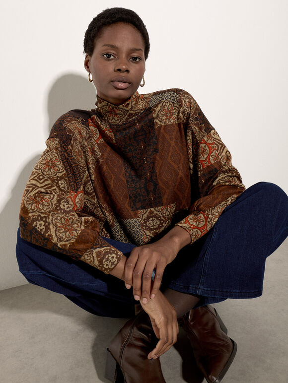 Patchwork Tapestry Roll Neck Top, Rust, large