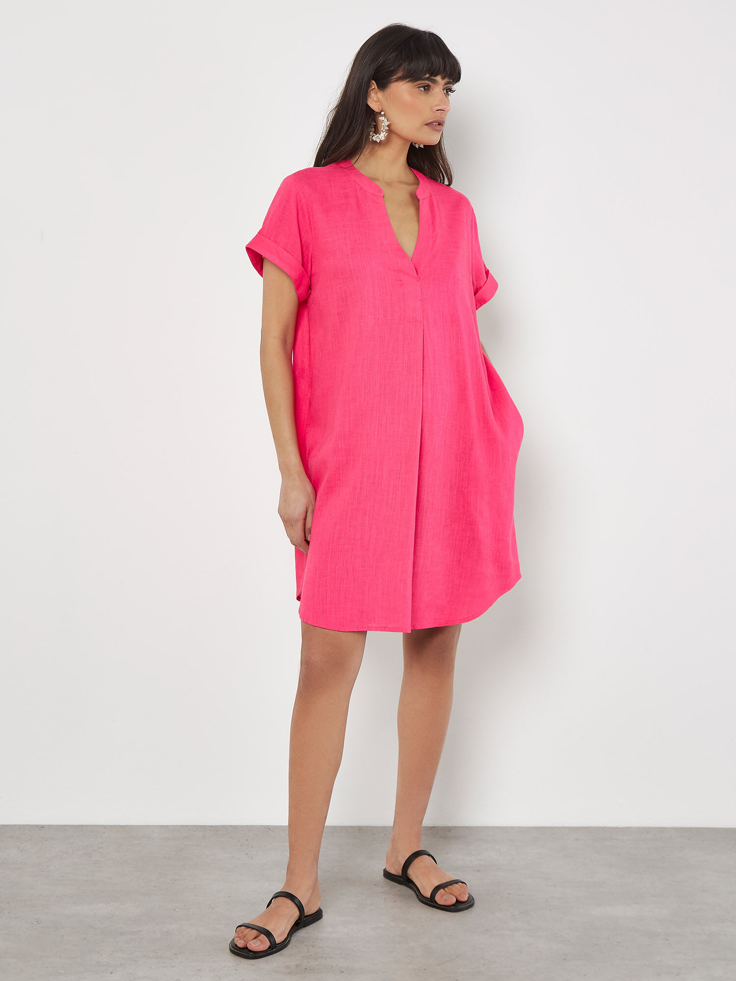 Linen Blend Relaxed Mini Dress Apricot Clothing