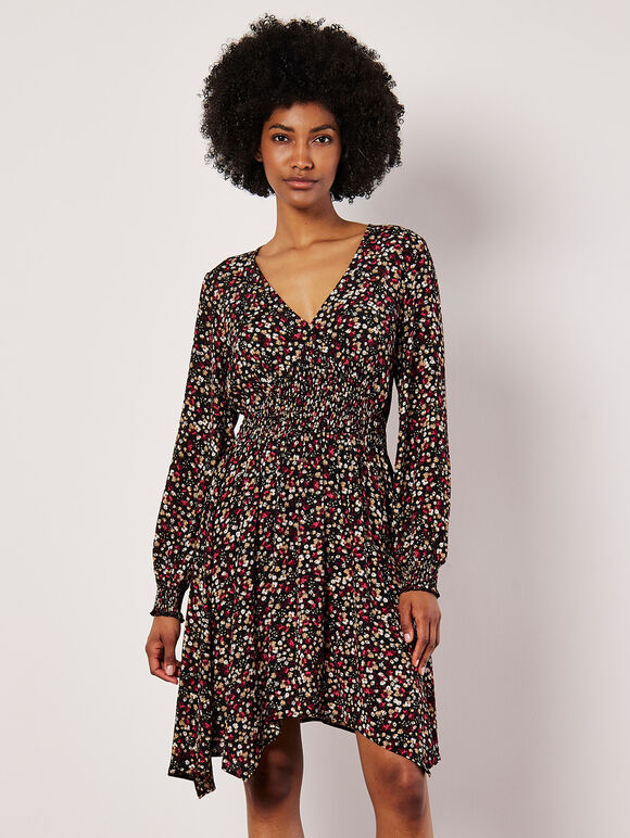 Ditsy Floral Smocked Mini Dress, Black, large